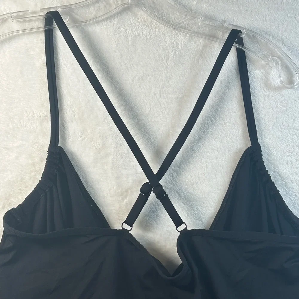 Lands End Black Surplice Wrap Tankini Top Ruched Adjustable Straps Size 16‎